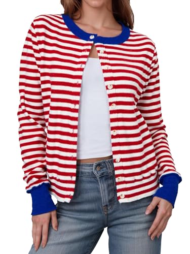 Glamaker Women's Striped Fall Cardigan Sweater Cropped Button Down Knit Long Sleeve Crewneck Fashion Cardigans Blue Red Medium