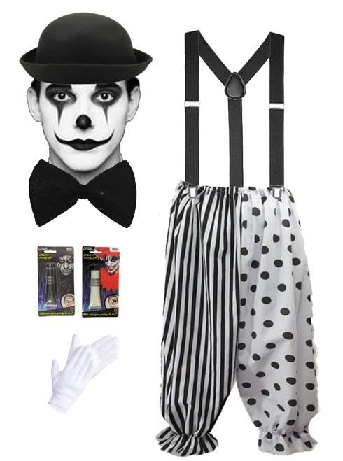 The Dragons Den Adults Black & White Pierrot Clown Set Circus Big Top Kit Fancy Dress Costume [L-XL] — image 1