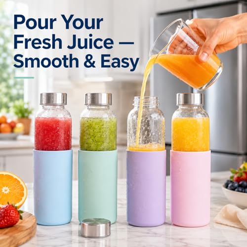 Image of Luxfuel 18 oz Glass Water Bottles with Lids and Silicone Sleeve 4 Pack | Leak Proof Stainless Steel Lids, BPA Free, Reusable Glass Bottles for Juicing, Smoothies & Refrigerator, Dishwasher Safe