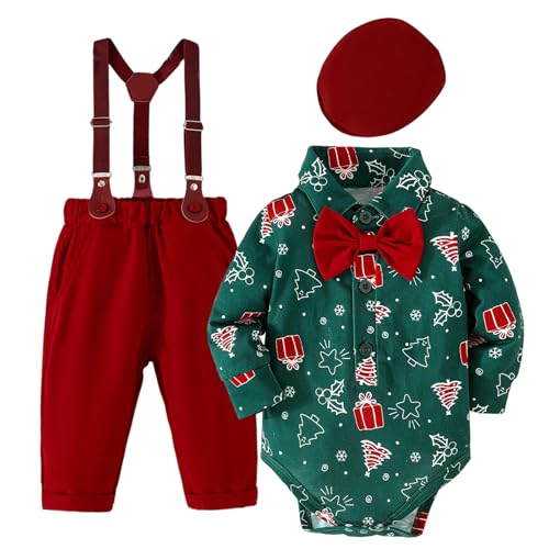 Fohuanky Weihnachtsoutfit für Jungen Kleinkind-Festtagskleidung 4-teiliges Gentleman-Set Body Fliege Hut & Hose mit Hosenträgern (Grün 12-18 Monate)