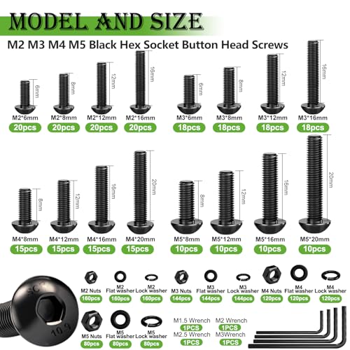 mxuteuk 2040PCS Metric Screws Nuts and Bolts Assortment Kit,Metric Machine Screws and Nuts,M2 M3 M4 M5 M6 Black Hex Socket Button Head & Cross Slotted Round Head Screw Nut and Bolts Kit