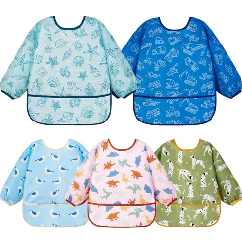 Image of Lictin Long Sleeve Bibs 5 Pack - Baby Bibs, Waterproof Toddler Bibs, Baby Smock for Eating, Baby Bibs for Feeding Teething