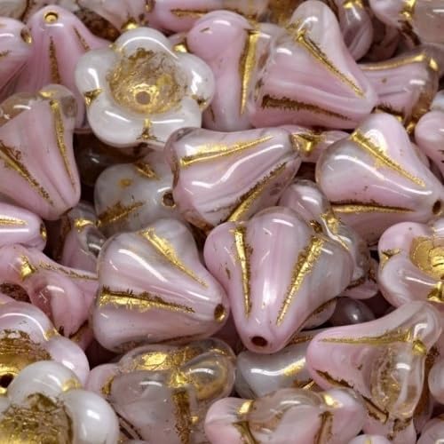 6 pcs Bell Flower Glass Pressed Beads 11 x 13 mm Pink Gold Lined