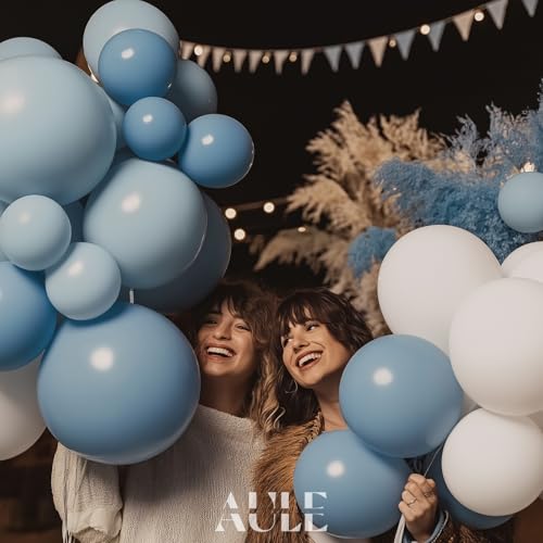 Image of AULE 155Pcs Dusty Blue Balloon Arch Kit White Balloons | Macaron Blue Balloon Garland for Birthday Graduation Anniversary Gender Reveal Shower Theme Party Decoration