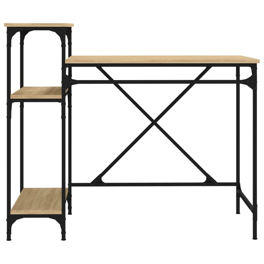 Scrivania con ripiani Quercia 105x50x90cm Legno Ingegneria E Ferro | 3 ripiani portaoggetti, grande superficie di lavoro, stile industriale, telaio in ferro stabile, per ufficio o casa