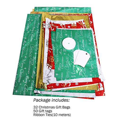 Christmas Gift Bags, 32Pcs Santa Wrapping Bag In 4 Sizes And 4 Designs With Ribbon Ties And Tags For Wrapping Holiday #TOP2