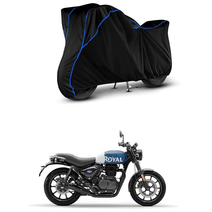 AutoRox Water Resistant Bike Body Cover Compatible with Royal Enfield Hunter 350 BS6 | Bike Accessories | Motorcycle Cover | Two Wheeler Cover - Blue Piping(Black)