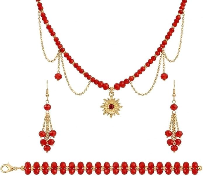 Juego de collar, pendientes y pulsera con cuentas de cristal rojo