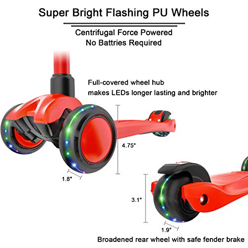 Image of Allek Kick Scooter B03, Lean 'N Glide 3-Wheeled Push Scooter with Extra Wide PU Light-Up Wheels, Any Height Adjustable Handlebar and Strong Thick Deck for Children from 3-12yrs (Red)