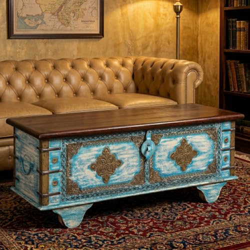 Image of Jave Wooden Trunk Box for Storage | Solid Wood Coffee Table for Living Room | Handcrafted Center Tea Table with Sandook Storage for Living Room | Pitara for Bedroom (Light Blue Distress)