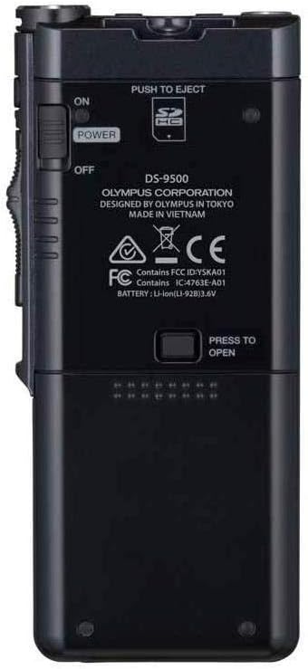 Retounen view of the Olympus DS-9500 Digital Voice Recorder showing the battery compartment and power switch.