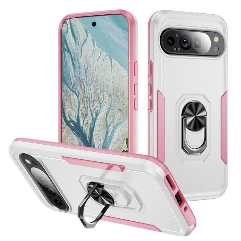 Coque Google Pixel 9 rose et blanc silicone rigide avec anneau