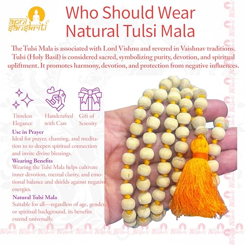 Image of Apnisanskriti Natural Tulsi Mala Holy Basil Prayer Beads 8mm 108+1 Beads Japa Mala Hand Knotted Rosary for Chanting Meditation Pooja Krishna Bhakti Men Women