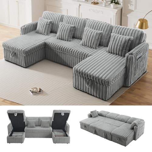 Flyida 107 Sectional Sleeper Sofa with Pull Out Bed, Comfy Fluffy Plush Cloud Corduroy Sectional Couches for Living Room, U Shaped Modular Couch with Storage Chaise, Cup Holder & USB Charger, Grey