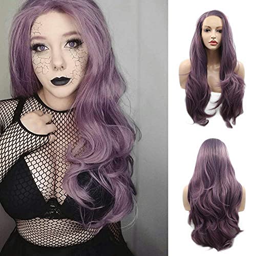 Perruque drag queen violette longue et ondulée en dentelle frontale 61 cm pour femme