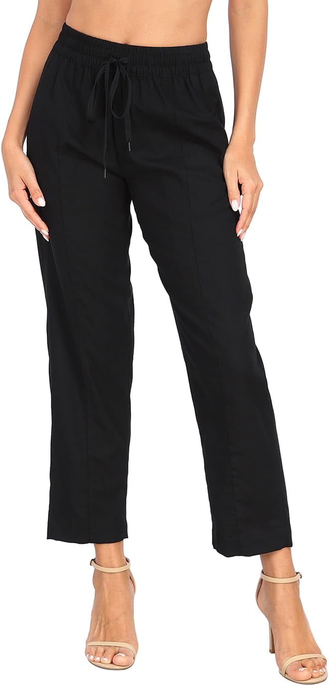 HDE Women's Linen Blend Pull On Pants Summer Drawstring Ankle Pant with Pockets - Image 5