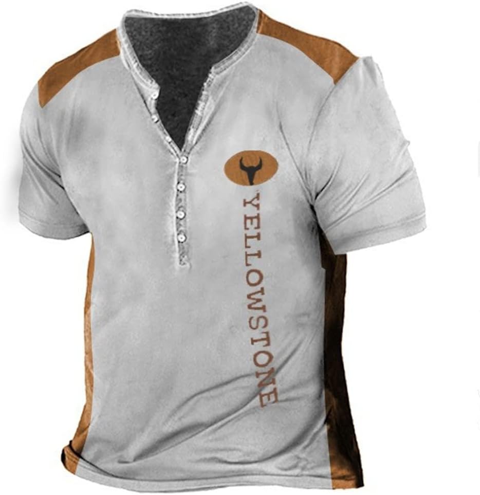REVHQMen Sport T-Shirt Summer Slim Fit Casual T-Shirt Personality Print Men Basic T-Shirt Round Neck with Buttons Short Sleeve T-Shirt Lightweight Breathable Men T-Shirt