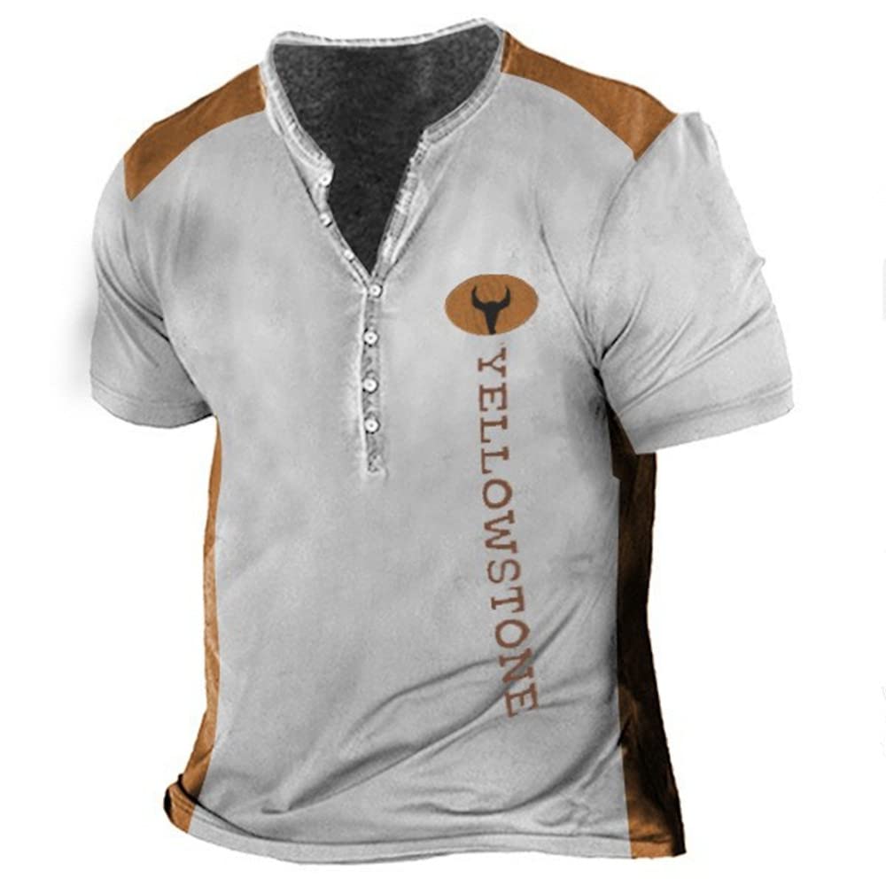 REVHQMen Sport T-Shirt Summer Slim Fit Casual T-Shirt Personality Print Men Basic T-Shirt Round Neck with Buttons Short Sleeve T-Shirt Lightweight Breathable Men T-Shirt