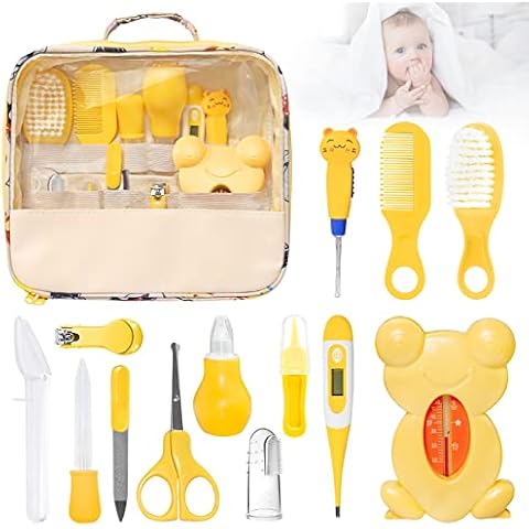 Babypflege-Set, BelonLink 13 teilige Baby Pflegeset mit Nagelpflegeset, für Baby Alltag Pflege Mit Baby Gesundheitswesen Kit mit Thermometer Nasensauger Pipette Feeder Nagel Haarpflegeset (Gelb) Cover