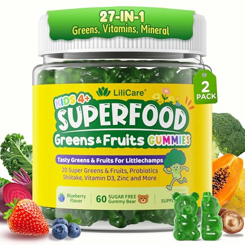 Kids Super Greens Gummies, Superfood Multivitamin for Kids, 20+ Veggie, Fruit, Vitamin, Mineral, Probiotic, Kids Vitamin Gummies for Growth, Immunity, Digestion, Picky Eater Approved, Sugar Free 2Pack
