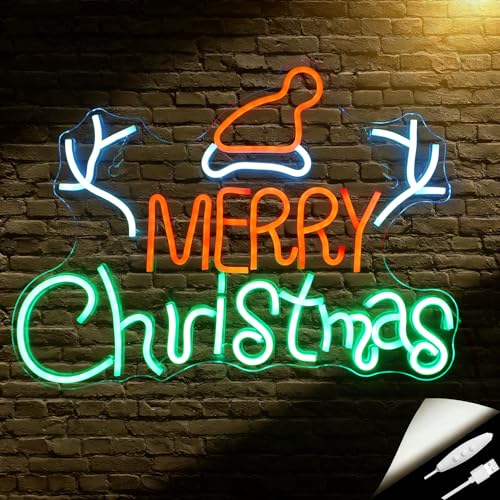 Image of Merry Christmas Neon Sign | Holiday Wall Decor，Santa Hat Design, Reindeer Antlers Design,16.5 inch x 12.6 inchIN