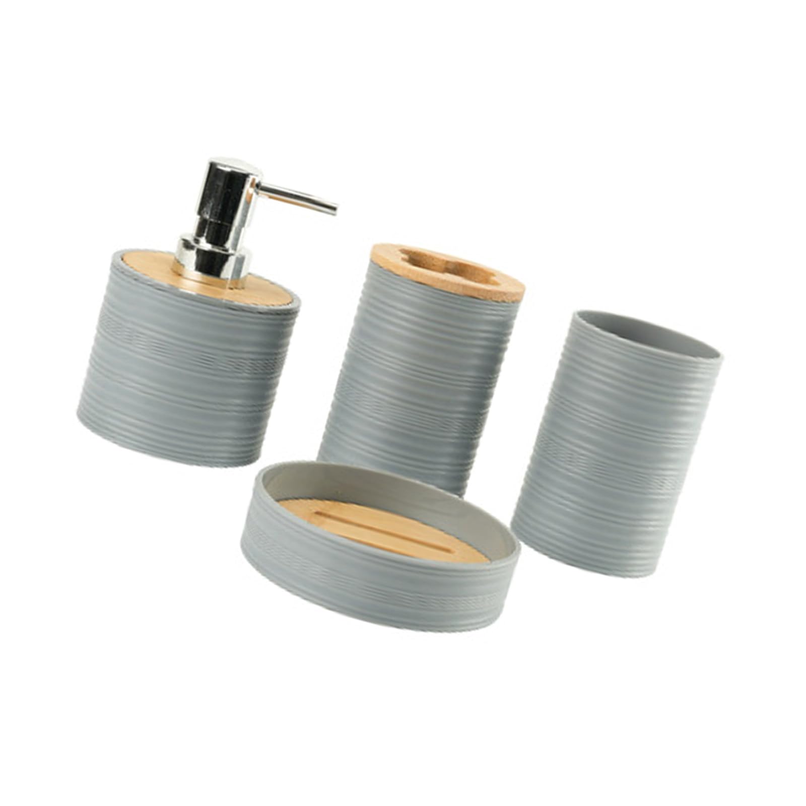 Wave-Patterned Bathroom Containers 4PCS with Natural Cane Plant Lids Polymer Toothbrush Cup Soap Countertop Set Bathroom Organizers with Lid