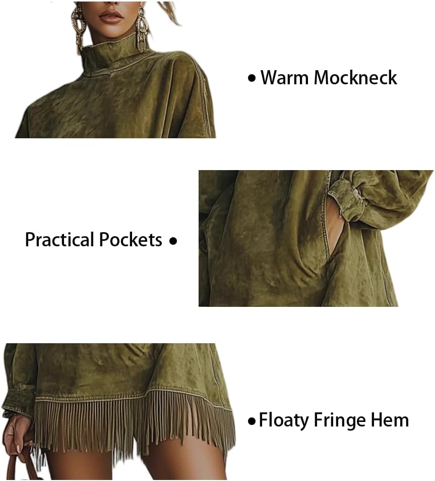 Melliflo Womens Velvet Mini Dress Fall Long Sleeve Mockneck Fringe Hem Loose Dresses Vintage Western Party Dress with Pockets - Image 4