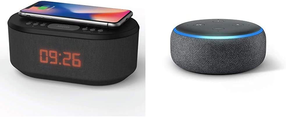 i-box Bedside Wireless Charging Alarm Clock Radio, Black & Echo Dot (3rd Gen) - Smart speaker with Alexa - Charcoal Fabric