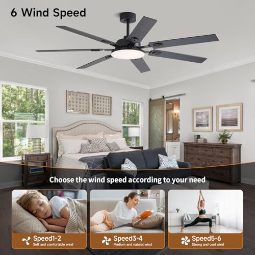 Image of 64 Inch Ceiling Fans with Lights and Remote, Bedroom Living Room Office Library Cafe Outdoor Industrial, 5CCT Dimmable, Dual Color 7 Blades, 6 Speed Reversible Quiet DC Motor, Black /Wood Grain
