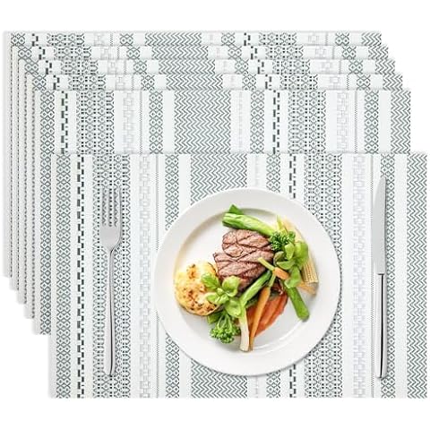 Punkspace Woven Vinyl Christmas Placemats for Dining Table, Set of 6, Non-Slip Heat Table Mats, Washable, Easy to Clean, Green-White Cover