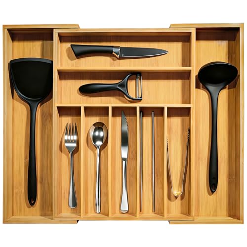 Mean Yeah Bamboo Kitchen Drawer Organizer, Expandable Cutlery Tray, Adjustable