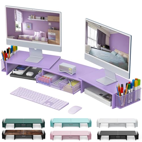 gianotter Dual Monitor Stand Riser, Desk Organizer With Drawer and 2 Pen Holders, Desk Organizers and Accessories, Purple Office Decor (Purple)