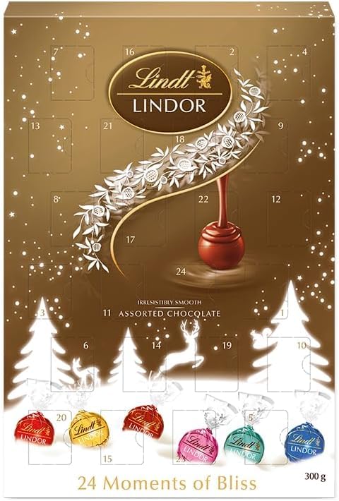 Lindt Calendario de Adviento 312g – 24 Delicias de Chocolate Suizo, Edición Navidad con amplia variedad de Lindor, chocolate blanco, chocolate negro y con leche