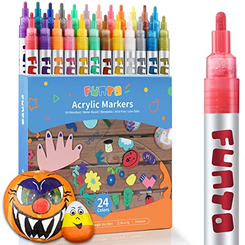 FUNTO Lot de 24 marqueurs de peinture acrylique de couleurs dynamiques pour peinture sur pierre, tissu, bois, toile, fournitures, bricolage, céramique, métal, céramique et surfaces non poreuses Cover