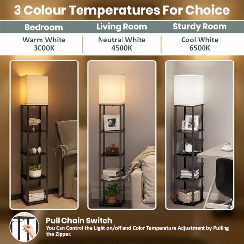 Image of 5 Tier Metal Floor Lamp with Wooden Shelves /Modern Standing lamp with 3 Adjustable Color Mode /Corner Bright Lamp for Decoration /Energy Efficient Night Lamp for Bedroom /Living Room /Home Decor
