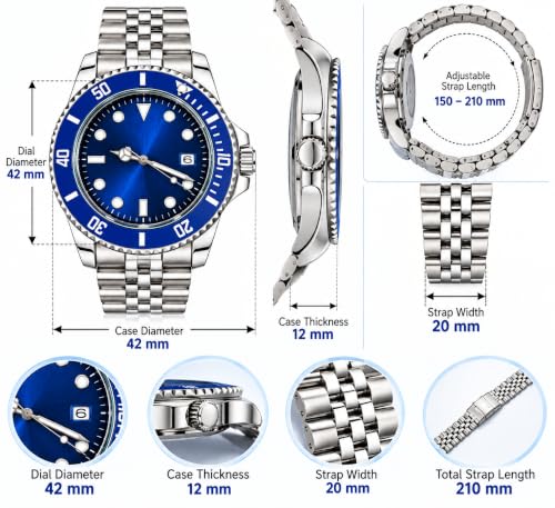 Image of ALNA-TURA Luxury Men's Analog Watch Stainless Steel Bracelet Black Dial Date Display Stylish Wrist Watch for Men Birthday Wedding Gift