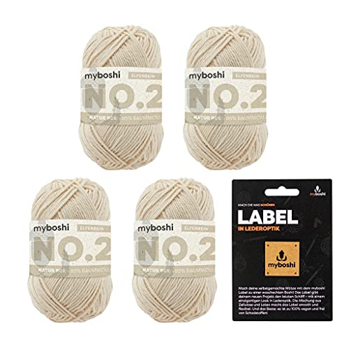 myboshi No.2 inkl. Label, Baumwolle zum Häkeln und Stricken, für Baby und Amigurumi, vegan, 60 Grad waschbar, 50g, Ll 100m Beige (Elfenbein), 4 Knäuel
