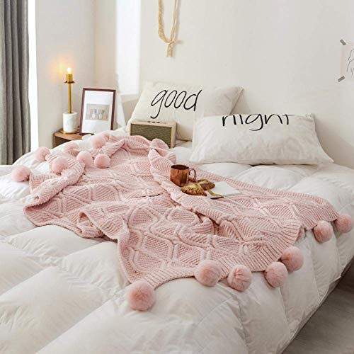 Rose Chunky Chenille Jeter Couverture Canapé-Lit À Tricoter avec Pom-pomsDécoration Doux Chaud Confortable pour Bébé Enfants Garçons Filles Adultes et Personnes Âgées (130 * 160cm)