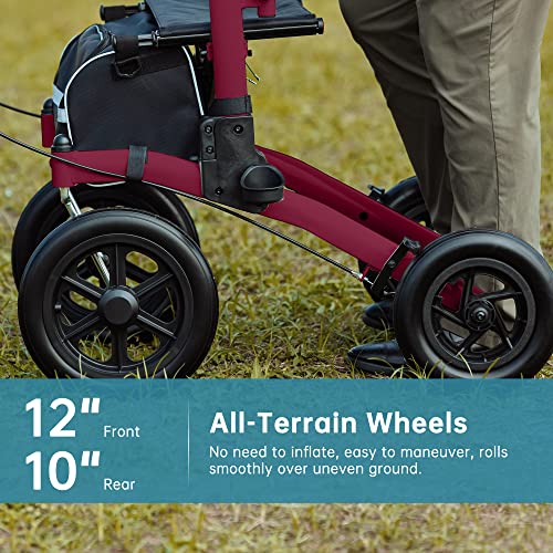 Elenker All-Terrain Upright Rollator Walker, Stand Up Rolling Walker With Non-Pneumatic Tire 12” Front Wheels, Compact Folding For Seniors, Red #TOP1