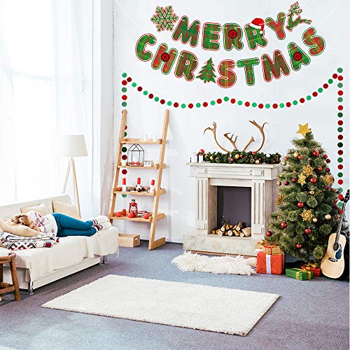 GAGAKU Merry Christmas Banner Red Green Plaid Letters Xmas Garlands Sign Bunting Banner for Fireplace Snowflake Reindeer Holiday Decorations with Glitter Circle Dots Hanging String