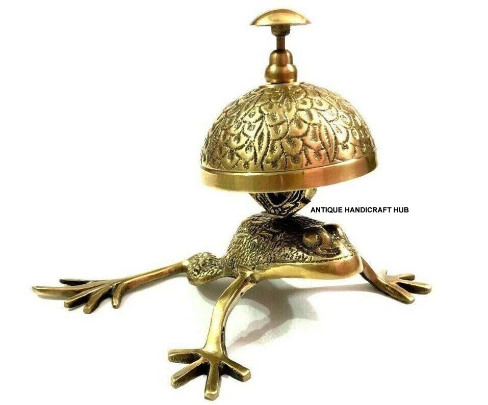 Campana de latón adornada con diseño de rana vintage para mostrador de hotel, recepción