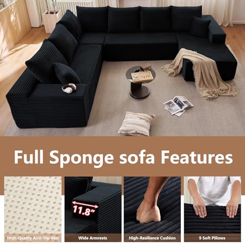 Image of Modern Modular Sectional Sofa, Big Comfy Corduroy Cloud Couch with Deep Seat, Boneless Couch Upholstered 6-Seater U-Shaped Sofa for Living Room, No Assembly Required (Black, Right-Facing Chaise)