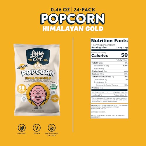 Image of LesserEvil Himalayan Gold Salt Organic Popcorn, Premium Quality, Minimally Processed, No Vegetable Oil, 0.46 Oz, (Pack of 24)
