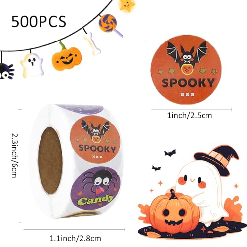 500 Stück Halloween Aufkleber Rolle (8 Motive) - Süße Kürbis, Fledermaus & Geisterspinnen Sticker für Party, Schule, Fensterdeko 2,5cm Vinyl Aufkleber für Kinder & Erwachsene, DIY Geschenk