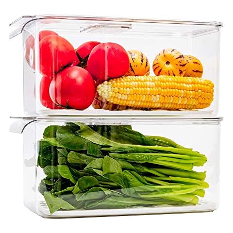 Slideep Refrigerator Food Storage Containers, Lettuce Keeper Large Produce Saver Stackable Container with Lids & Removable Drain Tray, Clear Veggie Fruit Salad Lettuce Container -2 Pack Cover