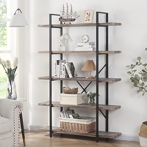 HOMISSUE 5-Tier Bookshelf，Vintage Industrial Book Shelf, Rustic Wood and Metal Bookcase and Bookshelves, Display Rack and Storage Shelf for Living Room Bedroom and Kitchen, Retro Brown
