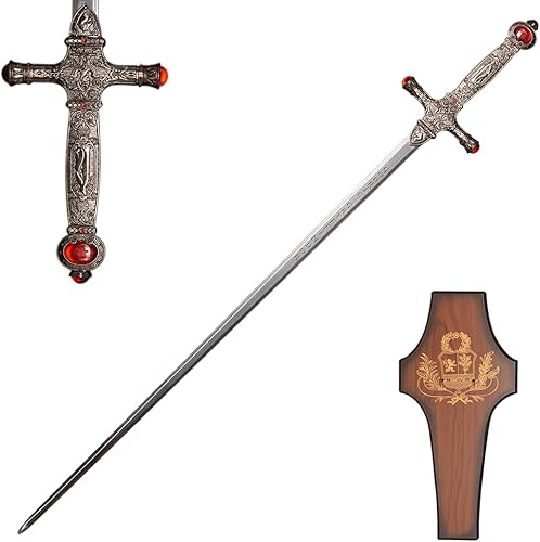 Espada Goblins de acero inoxidable de 34.3 pulgadas con mango de rubí negro para regalo, cosplay, colección