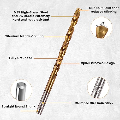 Mulwark MLK M35 15 Piece Cobalt Drill Bit Set - Titanium Nitride Coated Metal Jobber Drill Bit Set thumb #2
