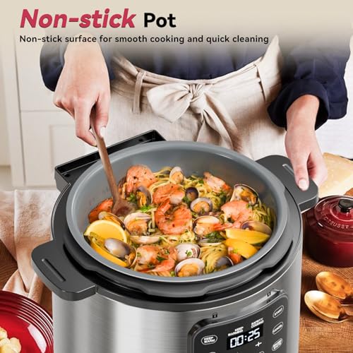 Image of Electric Pressure Cooker 6 Quart Silver, Non-stick Pot, 9-in-1 Instant Pot, 12 Preset Functions with Touchscreen, Safe Steam Release, Stew, Slow Cook, Rice, Saute, Warmer