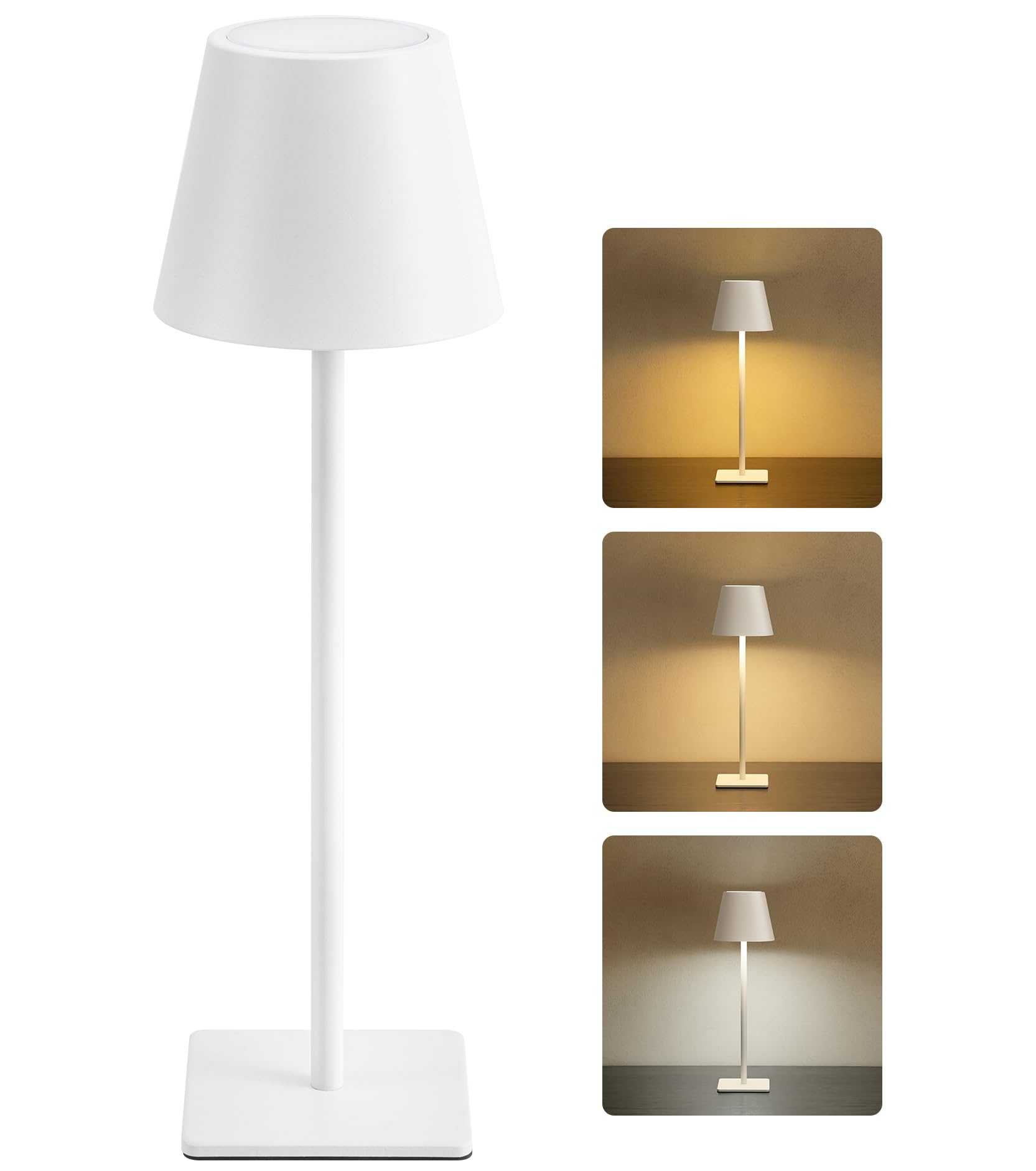 UME Cordless Table Lamp, Battery Operated Lamp - Portable Waterproof Rechargeable Table Lamp w/ 3 Color Temps & Stepless Dimming for Dinner, Desk, Cafe, Outdoor (White)